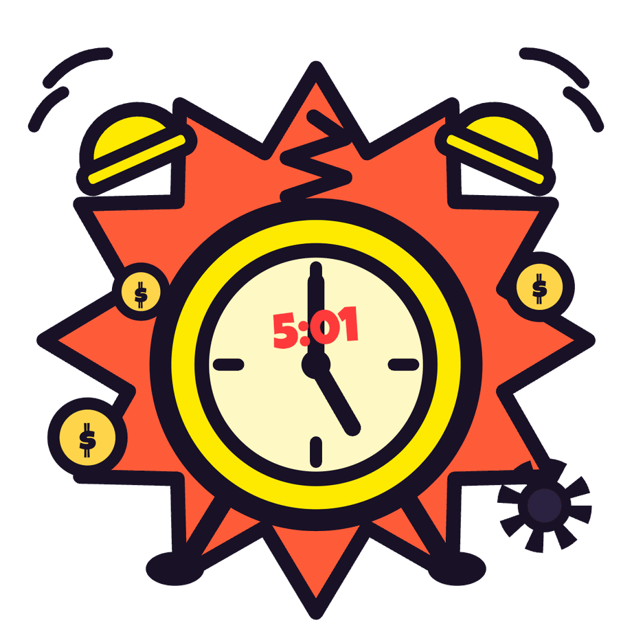AfterHours alarm clock logo showing 5:01, exploding with coins