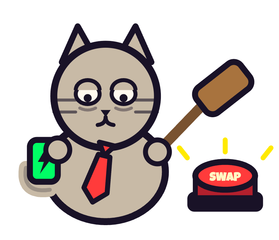 Cubicle Chad, a beige cat in a crooked red tie, smashing a big red SWAP button with a mallet